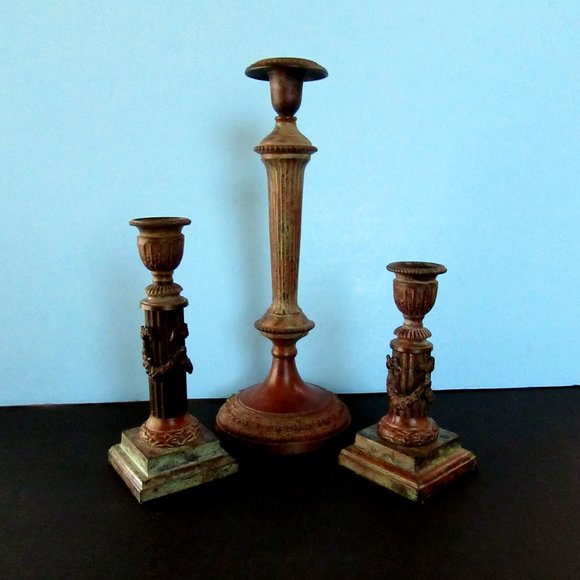 Vintage Moroccan style bronze tone candlesticks - set of 3 - Picture 2 of 8